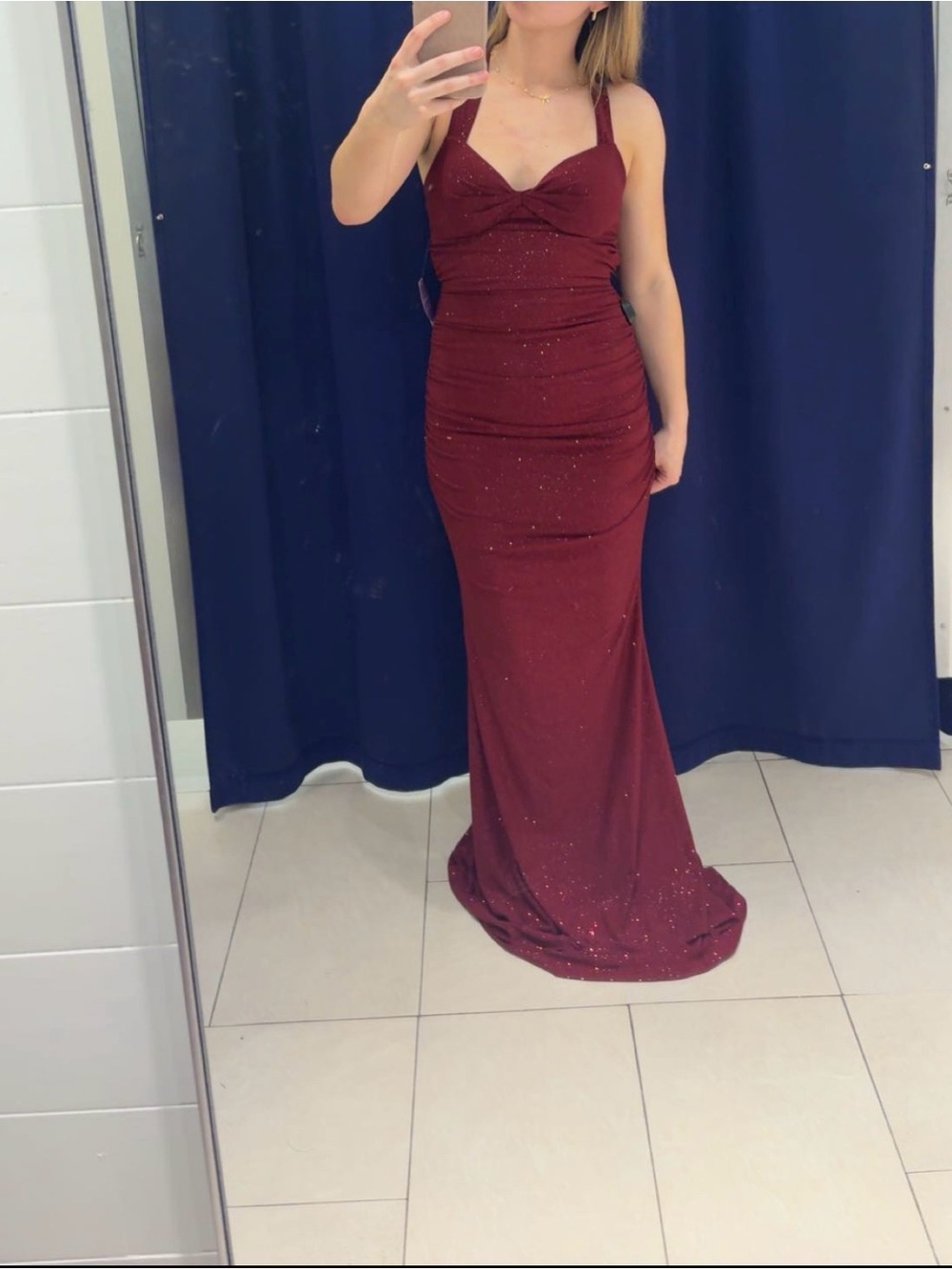 Windsor Burgundy Sparkle Halter Prom dress